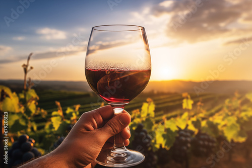 Photo of hand holding glass of wine in vineyard