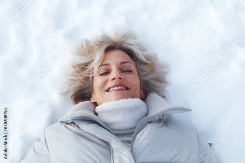 Photo of mature senior female lies on the snow. photo