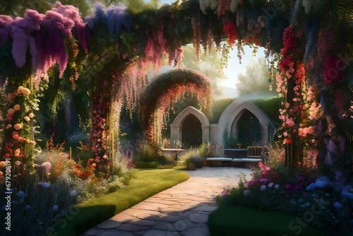 A beautiful secret fairytale garden with flower arches and colorful greenery. Digital Painting Background