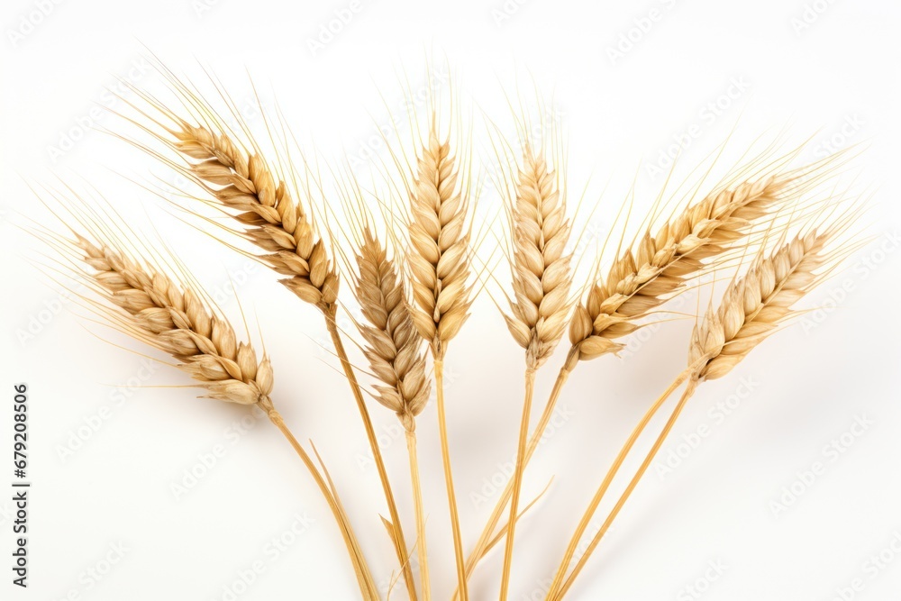 The long ears of golden wheat with white background.