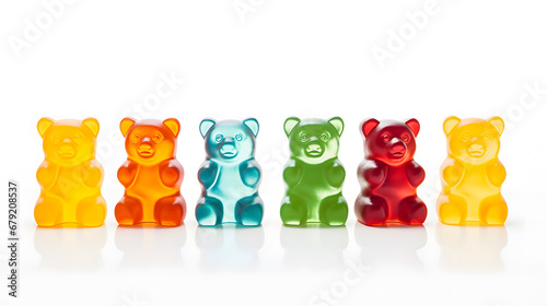 Row of sweet gummy bears painted in different colors isolated on white background photo