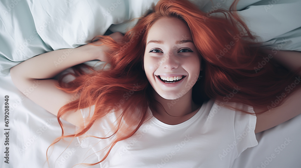 Fototapeta premium Girl with long red hair with lying on the bed with a happy face