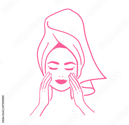 Woman wearing hair towel making her beauty routine. Line art vector illustration in pink colors