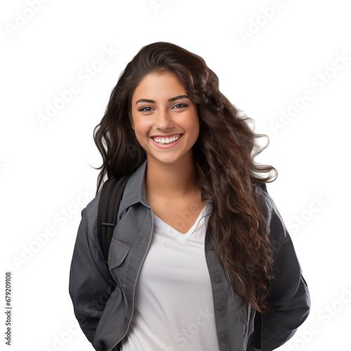 American female student smiling happily isolated on transparent background. PNG file. Generative AI.