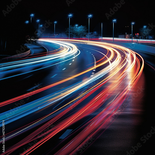 Fondo con detalle de carreteras nocturnas con lineas de luces de colores como simbolo de velocidad photo