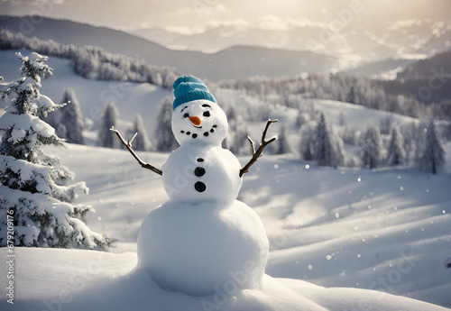 View of snowman with winter landscape and snow.AI generated © Ammad
