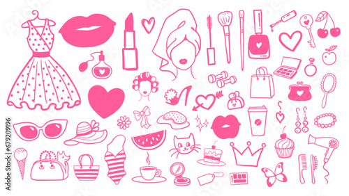 Vector illustration collection of beauty and fashion isolated doodles in pink colors