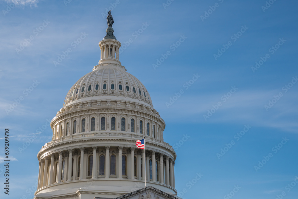 Fototapeta premium Washington, DC, United States Capitol Dome with bright blue sky in background.