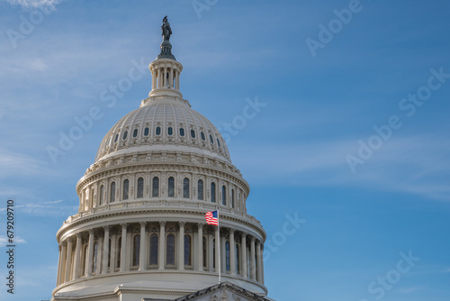 Washington, DC, United States Capitol Dome with bright blue sky in background.
