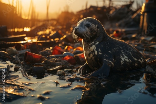 Seal dirty in oil on the shore among garbage, environmental pollution