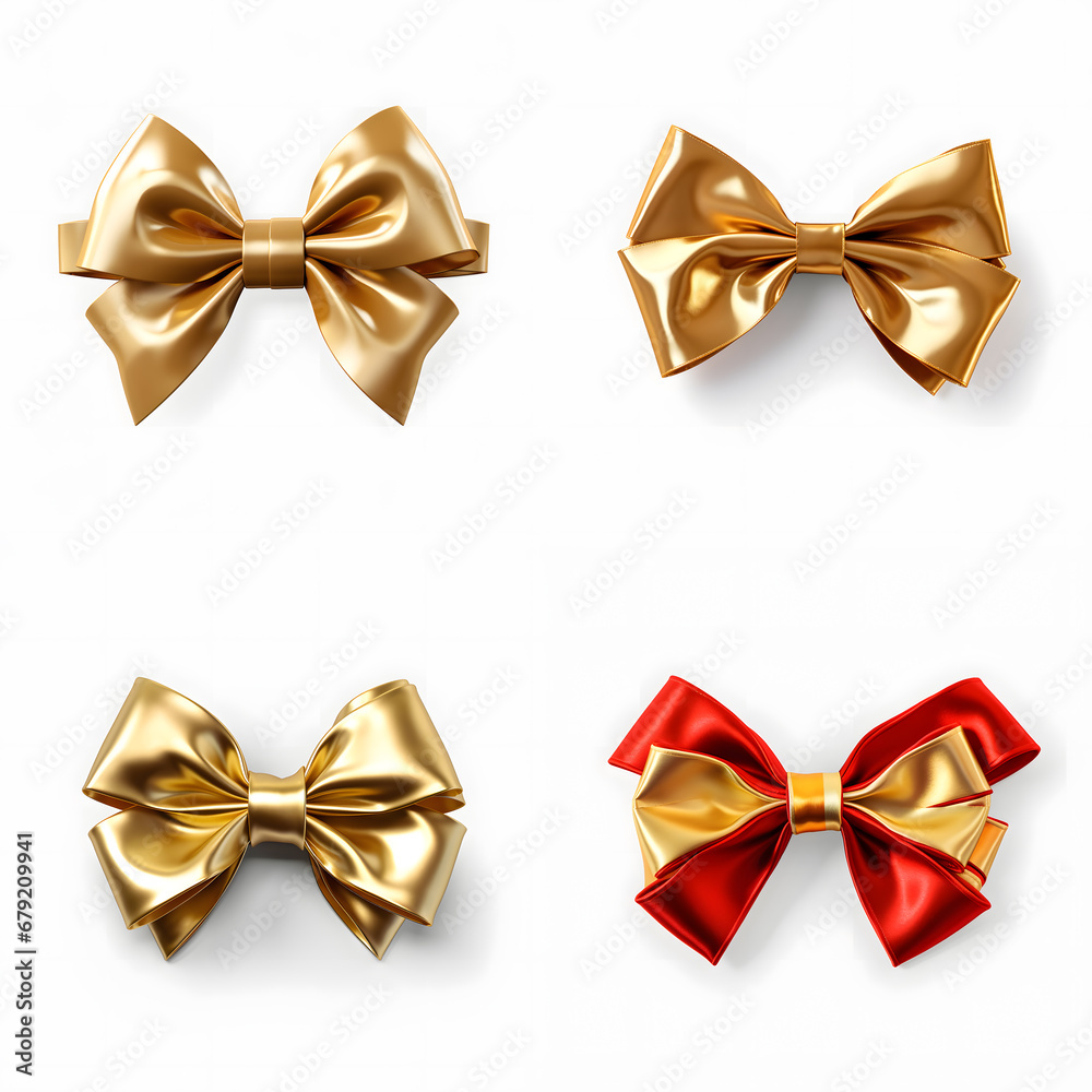 Gold bows set isolated on white background