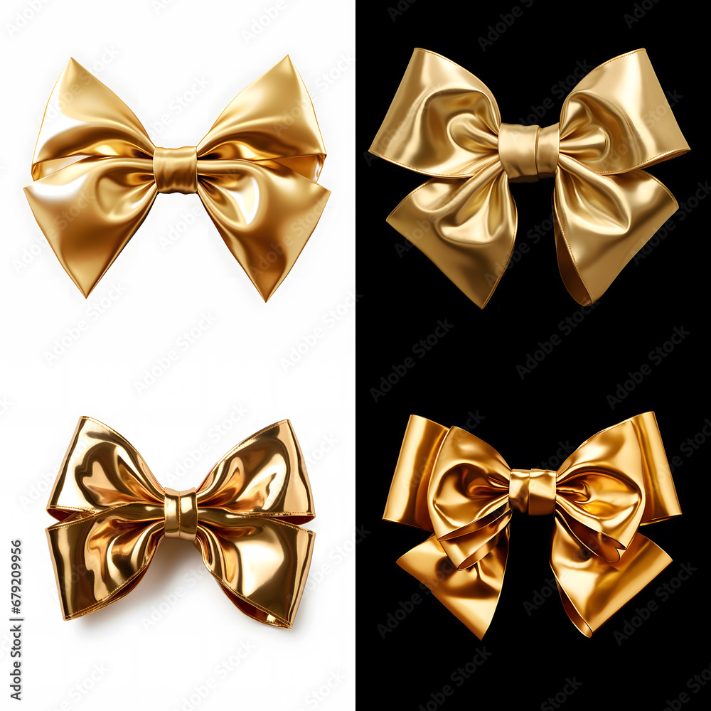 Gold bows set isolated on white background