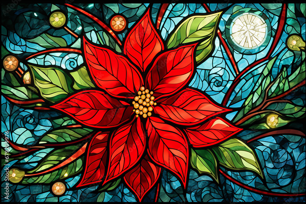 stained glass window mosaic with Christmas theme, poinsettia, festive, shiny Christmas vibes