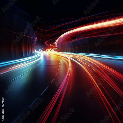 Fotografia con detalle de carretera en tunel, con luces veloces de varios colores en transito
