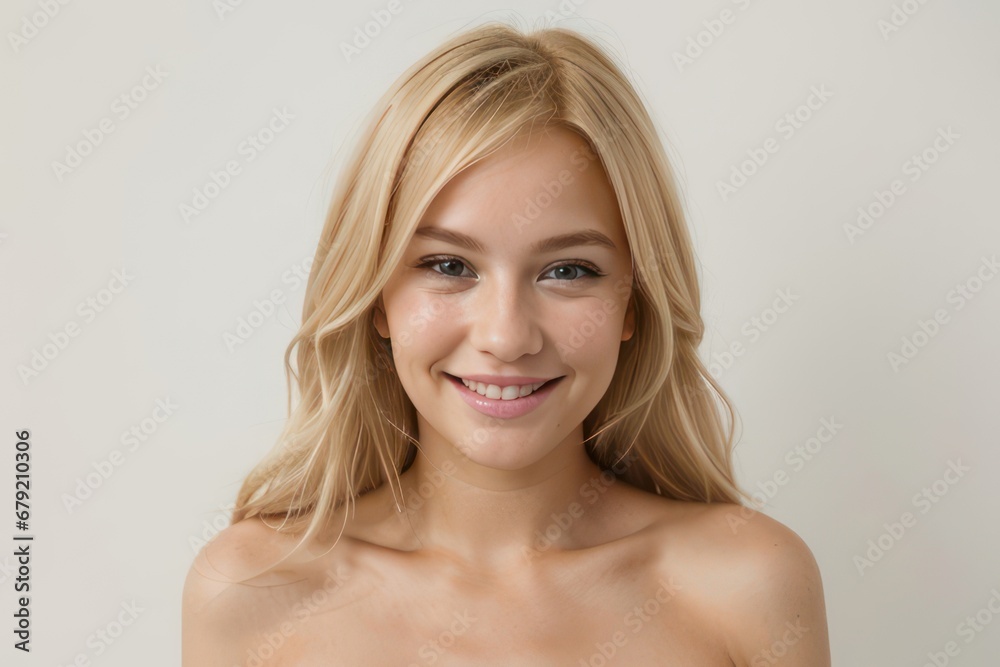 Portrait beautiful blond young woman with white teeth smile, healthy long hair and beauty skin on light background. Concept of advertising a dentist and facial care. Generative AI Portrait beautiful blond young woman with white teeth smile, healthy long hair and beauty skin on light background. Concept of advertising a dentist and facial care. Generative AI