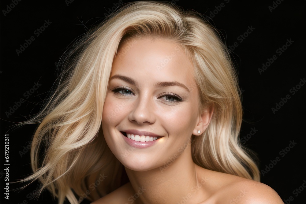 Portrait beautiful blond model woman with white teeth smile, healthy long flowing hair and beauty skin on black background. Concept of advertising a dentist, hairstyle and facial care. Generative AI Portrait beautiful blond model woman with white teeth smile, healthy long flowing hair and beauty skin on black background. Concept of advertising a dentist, hairstyle and facial care. Generative AI