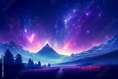 Mountain landscape with road going through it and stars in the sky.