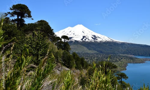 National Park Conguillio in Chile: a paradise of lagoons, araucarias, and volcanoes.

