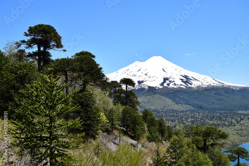 National Park Conguillio in Chile: a paradise of lagoons, araucarias, and volcanoes.

