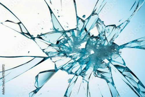 Broken glass window with blue background and blue sky.