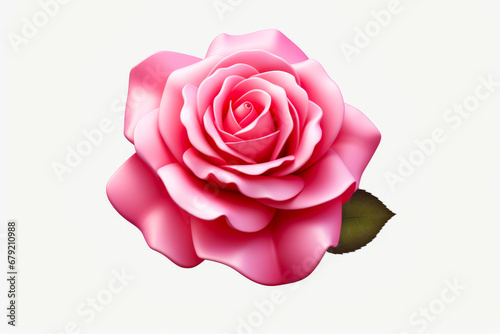 Pink rose with green stem on white background with green leaf.