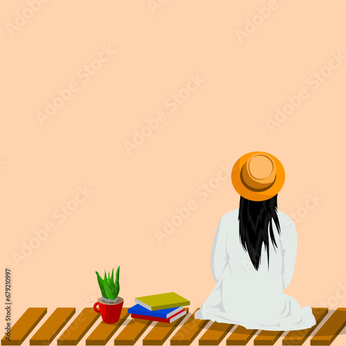 a woman sat pensive alone wearing a brown hat with a white shirt and carrying several books