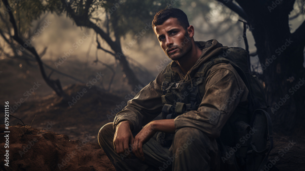 Resilient Israeli Soldier: Outdoor Portrait After Combat
