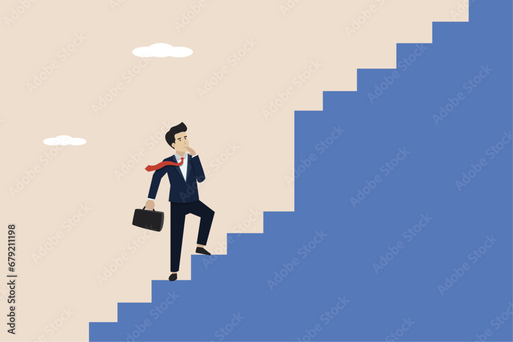 Business problems, challenges to overcome difficulties, thinking of solutions to overcome obstacles to success, businessman walking up the stairs to find a big difficult step. Business problems, challenges to overcome difficulties, thinking of solutions to overcome obstacles to success, businessman walking up the stairs to find a big difficult step.