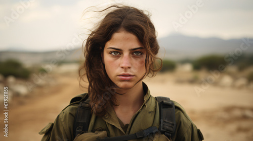 Resilient Israeli Female Soldier: Outdoor Portrait Post-Combat photo