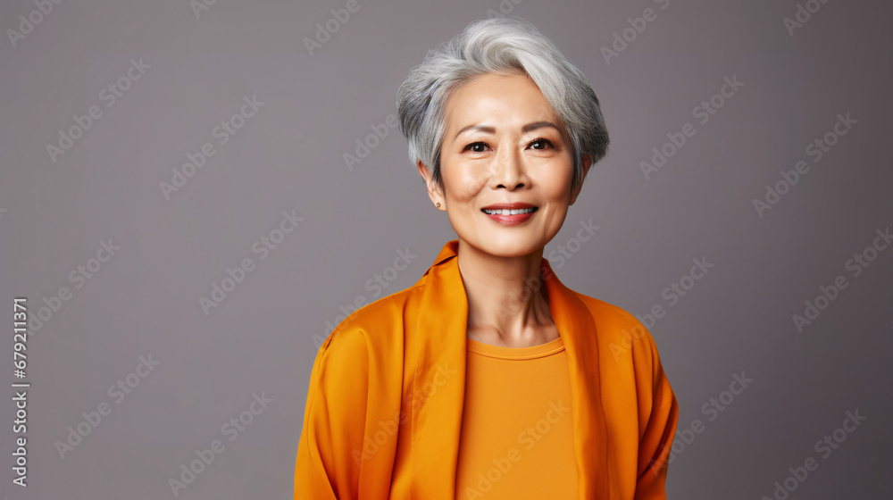 Chic Confidence: Trendy Senior Asian Woman in Studio - Short Hair Glamour Chic Confidence: Trendy Senior Asian Woman in Studio - Short Hair Glamour
