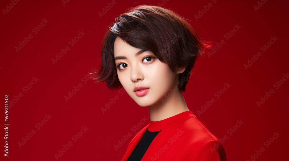Contemporary Glamour: Asian Model with Short Hair on Solid Studio Background Contemporary Glamour: Asian Model with Short Hair on Solid Studio Background