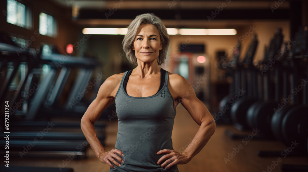 Mature Fit Woman Standing Strong in Gym - Active Lifestyle and Fitness Mature Fit Woman Standing Strong in Gym - Active Lifestyle and Fitness