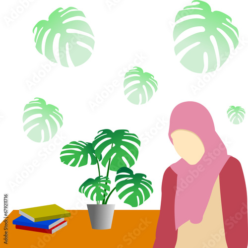 Muslim woman character in hijab aloof and pensive with leaves and book on table