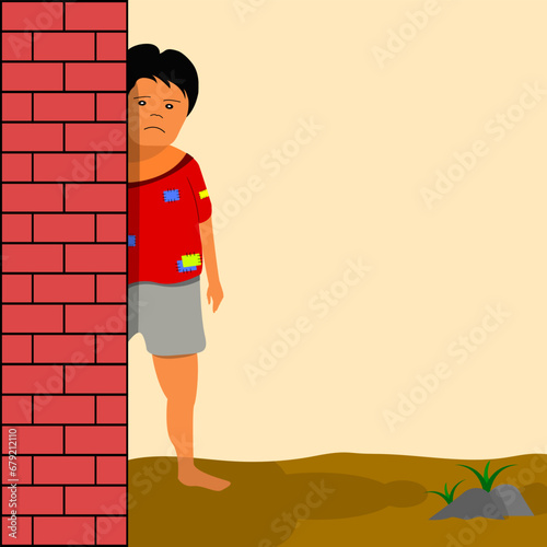 vector illustration of a frightened street child hiding behind a wall