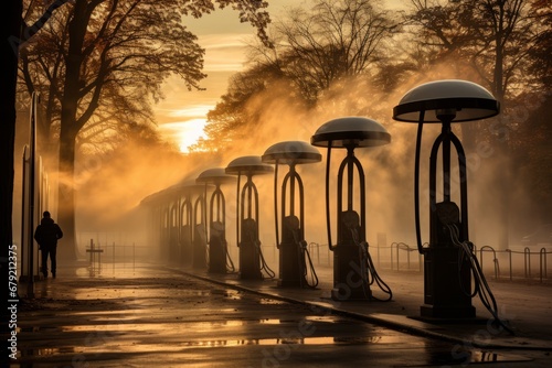 Efficient and Eco-Friendly Electric Vehicle Charging Stations for Green Transportation. Foggy morning.