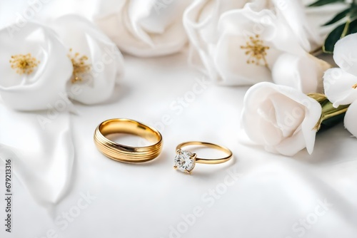 Elegant wedding concept. Golden ring with cotton flower pillow on white silk background. Feminine still life composition. Minimalist style.
