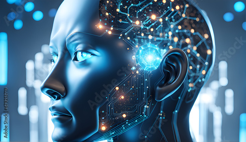 3d rendering of artificial intelligence concept with robot head in blue background