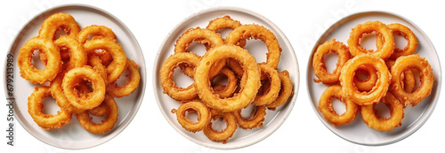 collection of three plates with fried onion rings, top view