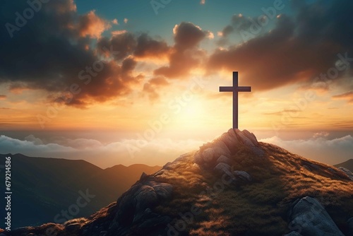 Creative religion concept. Cross at top of hill mountain with sunset ray dawn. glowing end clouds skies landscape. Christian religious