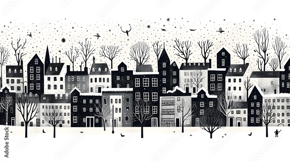 Snowy cozy city black and white graphic illustration