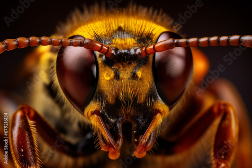 A close-up image of a bee with the head of the bee clearly visible. © Gun