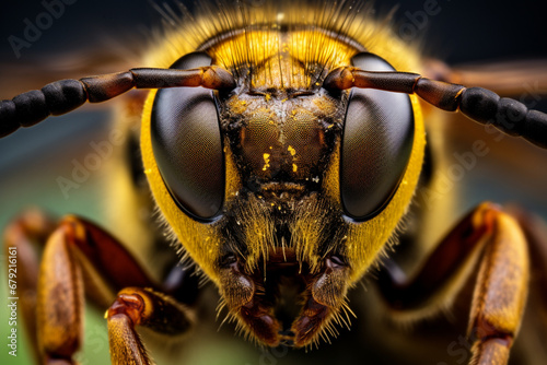 A close-up image of a bee with the head of the bee clearly visible. © Gun