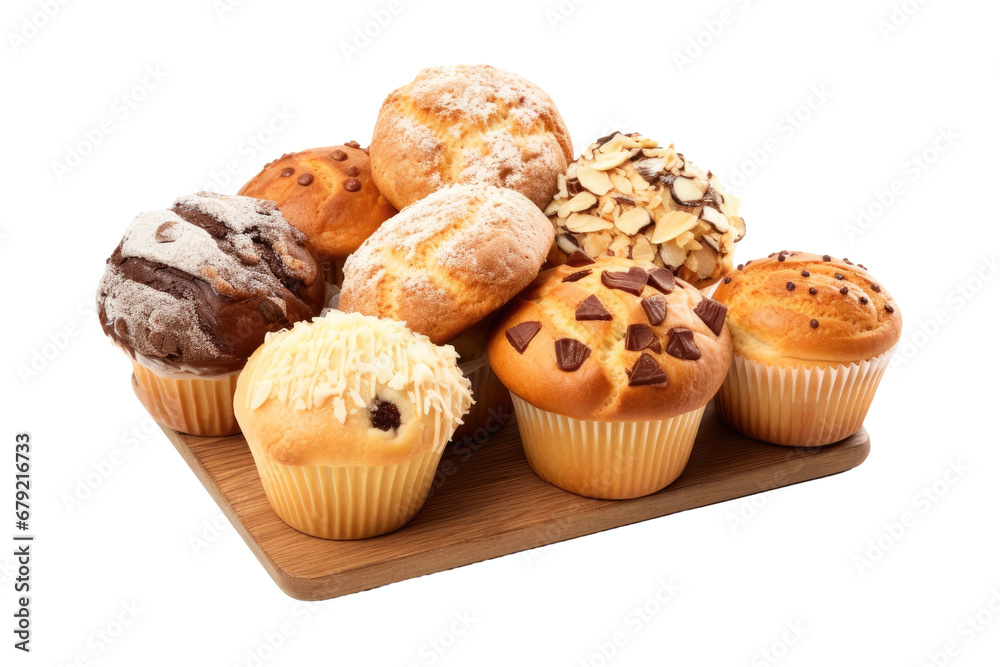 a collection of baked goods like muffins and scones isolated on a transparent background, generative ai