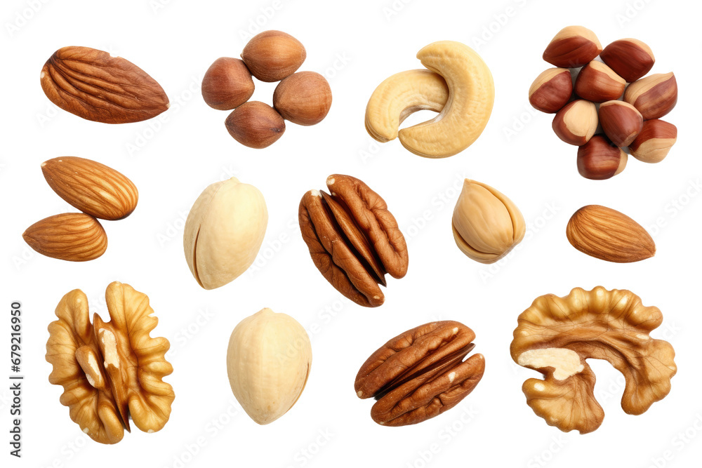 a collection of nuts like almonds walnuts and pecans isolated on a transparent background, generative ai - obrazy, fototapety, plakaty 