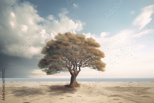 Concept of memory and mental loss related to Alzheimer's dementia, depicted through a nature scene with a tree against the sky. Generative AI