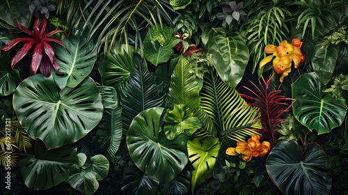 Tropical foliage plant bush (Monstera, palm leaves, Calathea, Cordyline or Hawaiian Ti plant, ferns, and fir) floral arrangement indoors garden nature backdrop   © Ziyan