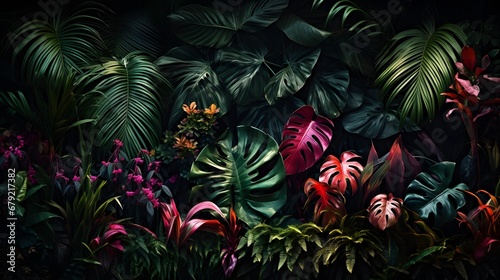Tropical foliage plant bush (Monstera, palm leaves, Calathea, Cordyline or Hawaiian Ti plant, ferns, and fir) floral arrangement indoors garden nature backdrop 