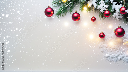 christmas background with red ornaments hanging from christmas tree branch and snowflakes