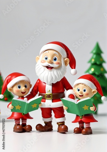 3D Toy Of Santa Claus Singing Carols With Elves On A White Background. © Pixel Matrix