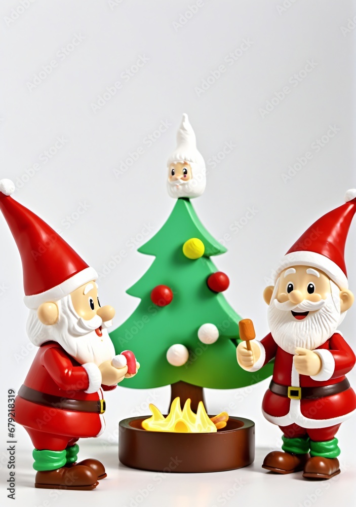 3D Toy Of Santa Claus Having A Marshmallow Roasting Contest With The Elves On A White Background. 3D Toy Of Santa Claus Having A Marshmallow Roasting Contest With The Elves On A White Background.